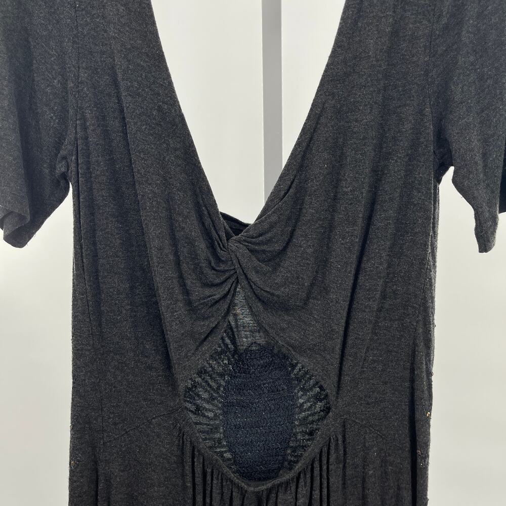 Free People Dark Gray V-Neck Knit Studs Short Sleeve Boho Shift Dress Women - Picture 6 of 10